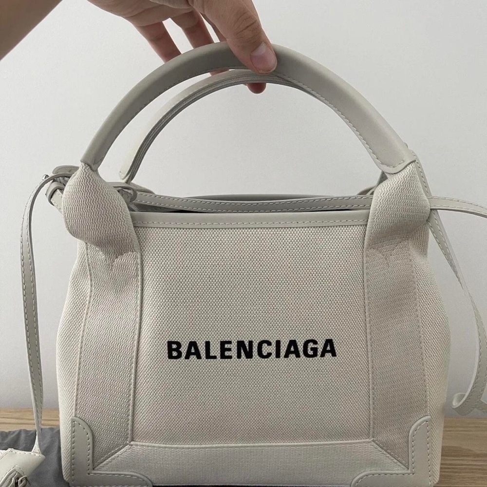 Balenciaga XS Navy Cabas Bag White Cream Black Logo Print Tote NWT - Picture 3 of 11